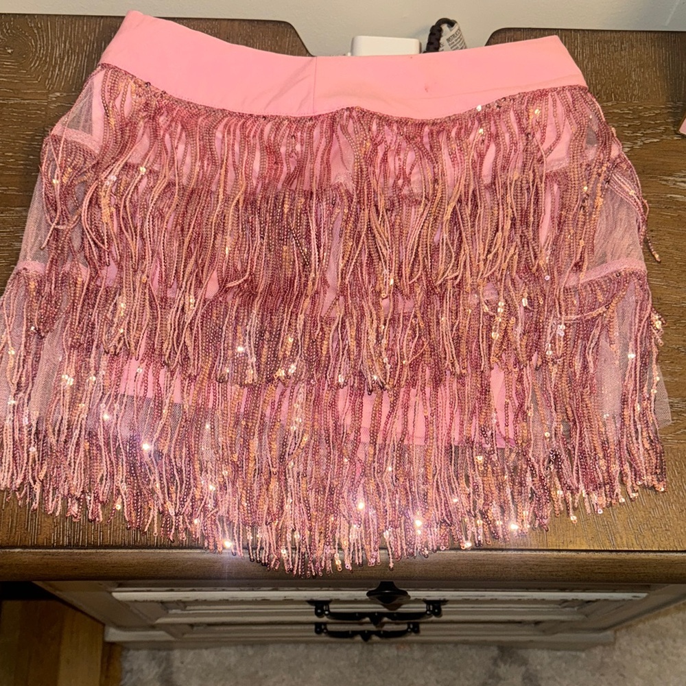 Pink Beaded Fringe Mini Skirt